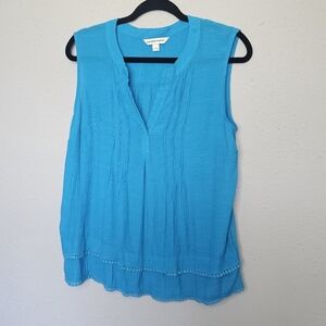 Counterparts Top Womens Large‎ Blue Sleeveless Tunic V Neck Pleat Front Fringe